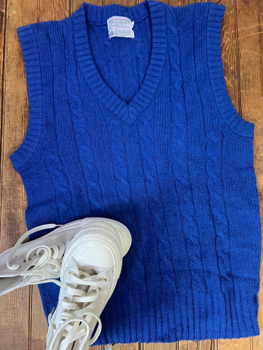 Vintage men’s classic sweater vest Cable Knit V-Neck wool Royal Blue size s